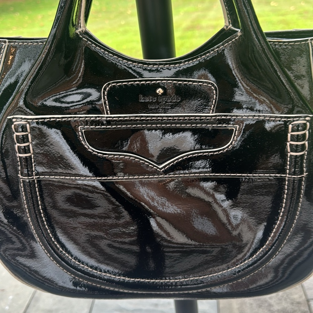 Kate Spade Black Patent Leather /white stitching Handbag - Picture 2 of 6